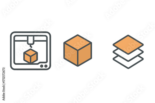 3D printing icon set vector illustration. Minimalist line icons of a printer, cube, and layers for additive manufacturing. Modern technology graphic symbols for web design.