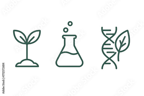 Biotechnology eco science vector icon set. Minimalist symbols for nature, laboratory research. Plant sprout, chemical flask, DNA with leaf. Genetic engineering, gmo concept.