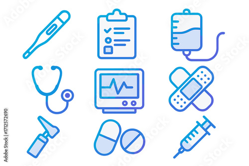 Medical icons set, gradient line style. Healthcare and medicine symbols. Hospital equipment and clinic tools. Vector illustration of stethoscope, syringe, pills, plaster, IV drip.