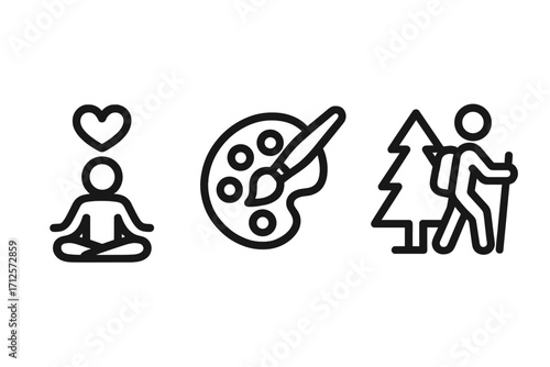 Minimalist wellness meditation icon with heart, artistic painter palette and brush, outdoor hiking figure with backpack and walking stick, vector cartoon illustration set