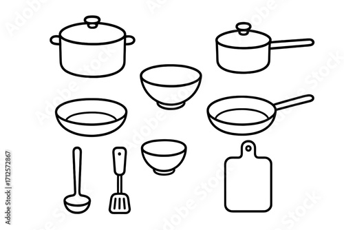 Minimalist kitchenware outline set with pots, pans, bowls, utensils, and cutting board. Simple black line vector cartoon illustration with transparent background, kitchen tools collection.