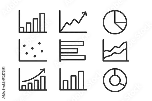 Minimalist infographic icons set with charts and graphs for data analysis, statistics, and business analytics, vector cartoon illustration, transparent background, ordered collection