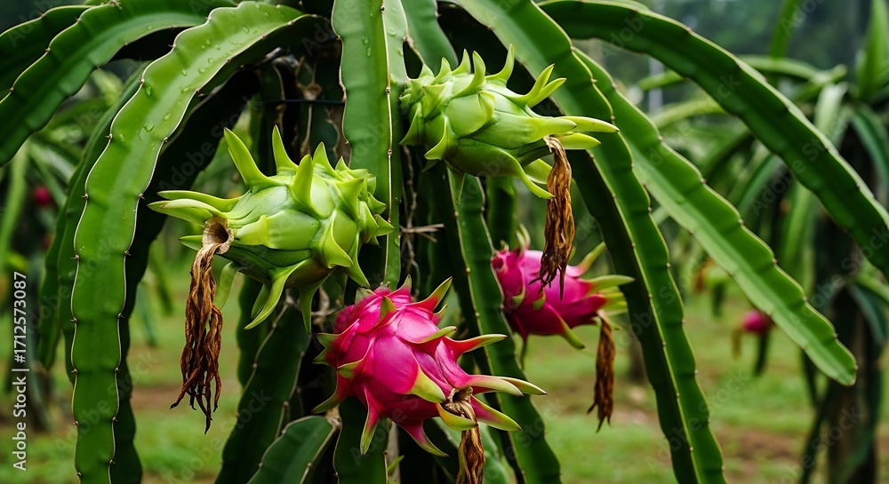 Obraz premium Dragon fruit at various stages of ripening on a farm. A vibrant close-up showing both green and pink fruit, symbolizing growth and agriculture.