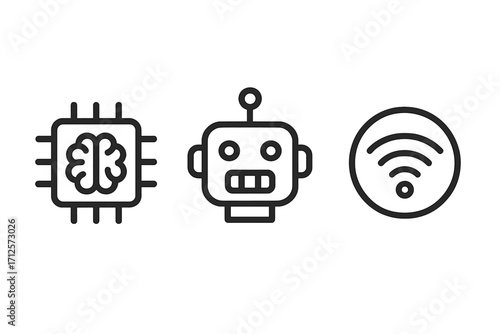 Minimalistic Technology Icons AI Robotics and Connectivity Symbols, Vector Cartoon Illustration, Artificial Intelligence Chip, Robot Head, WiFi Signal, Transparent Background, Digital Tech Set