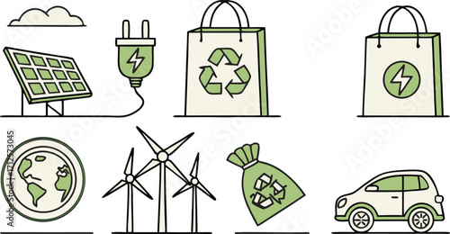 Go green with eco friendly energy sources and reusable bags in a hand drawn style illustration