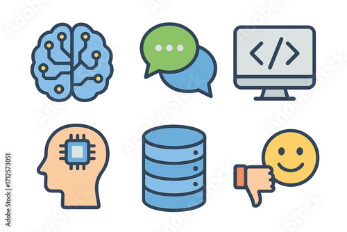 Modern flat vector icons set featuring AI brain, chat bubbles, coding screen, NLP head with chip, database stack, and sentiment analysis with thumbs down and smiley, technology illustration