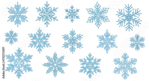 A beautiful arrangement of intricate blue snowflakes showcasing diverse winter designs.