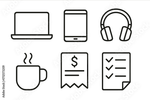 Modern minimal work icons set with laptop, tablet, headphones, steaming coffee mug, invoice document, and checklist paper, vector cartoon illustration, transparent background