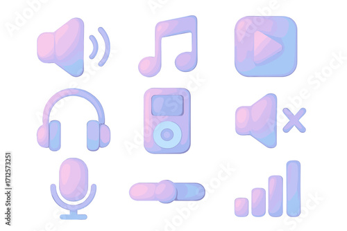 Pastel gradient audio music icons set with soft modern design, vector cartoon illustration, transparent background, sound symbols, headphones, microphone, play, volume, music player