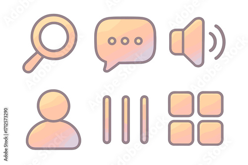Pastel Gradient Icon Set with Search, Chat, Audio, Profile, Vertical Menu, and Grid Designs, Vector Cartoon Illustration, Transparent Background, Modern UI Elements for Digital Use