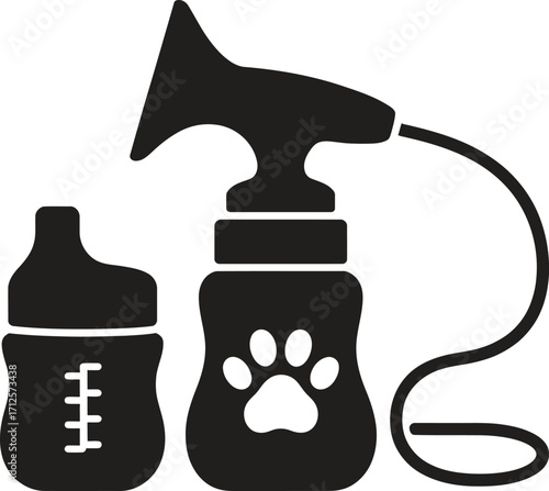 Silhouette of pet feeding bottle and milk pump with paw print