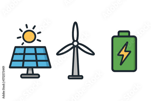 Renewable energy icons set featuring solar panel with sun, wind turbine blades, and green battery with lightning symbol, flat cartoon vector illustration with transparent background