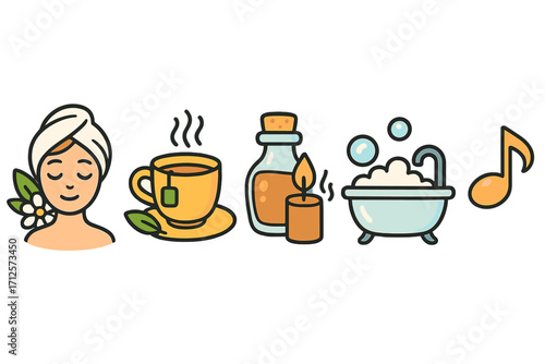 Relaxation and wellness icons set including spa, herbal tea, aromatherapy oil with candle, bubble bath, and soothing music note, vector cartoon illustration