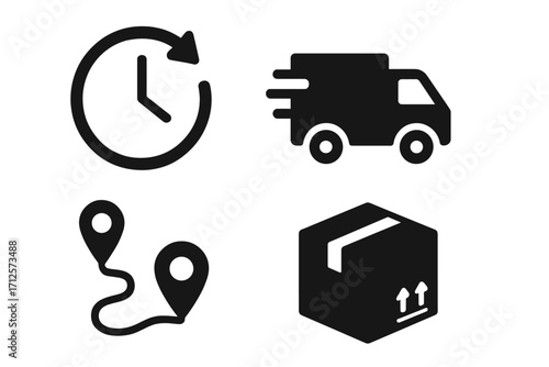 Set of solid style delivery and logistics icons featuring clock time, fast delivery truck, route map markers, and sealed parcel box, vector illustration for shipping and courier concepts