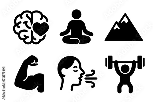 Set of simple black icons for brain health, meditation, mountain climbing, muscle strength, breathing exercises, weightlifting, fitness vector illustration, wellness concept