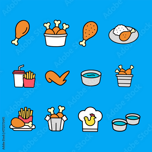 Fried chicken icons vector illustration set. Fast food elements design for restaurant menu or delivery service. Vector graphic.