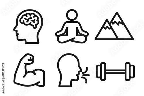 Set of simple black vector icons for brain health, meditation, mountain climbing, muscle strength, breathing exercises, and weightlifting fitness, minimalist cartoon illustration