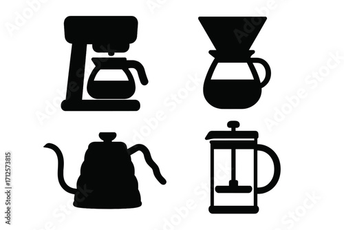 Silhouette icons of coffee brewing equipment for home baristas, coffee makers, pour over kettle, French press, brewing tools, vector cartoon set, transparent background
