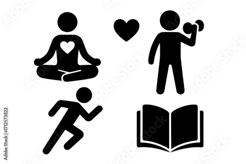 Silhouette icons of wellness health fitness activities with heart book symbol meditation running weightlifting vector cartoon illustration transparent background set