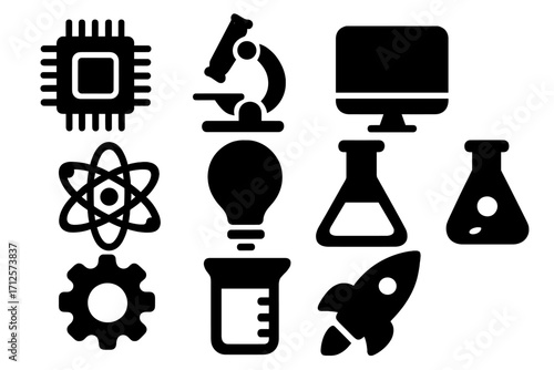 Silhouette technology and science icons set, including microchip, microscope, atom, light bulb, computer, beakers, rocket, gear, and laboratory symbols, vector illustration