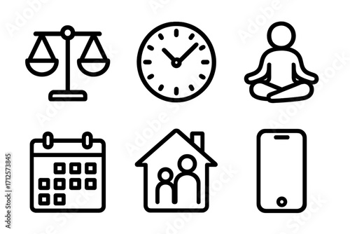 Simple black icons set of balance scale, clock, meditation pose, calendar dates, family home, and smartphone illustration, vector cartoon style with transparent background, ordered design