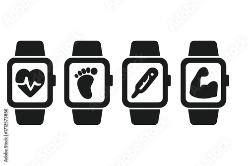 Silhouette smartwatch icons for health and fitness tracking, heart rate, step count, thermometer, muscle strength, black vector symbols set with transparent background, wearable tech