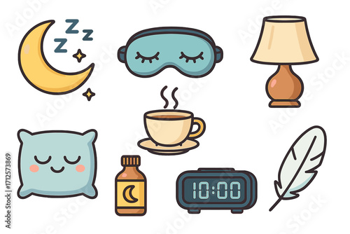 Sleep essentials icons for nighttime routine and relaxation, calming vector set with moon, sleeping mask, cozy lamp, pillow, hot tea, medicine bottle, alarm clock, and feather illustration