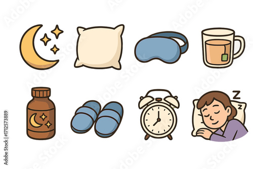 Sleep essentials icons for nighttime routine and relaxation, moon stars, pillow, sleep mask, tea cup, night medicine bottle, slippers, alarm clock, sleeping person, vector cartoon illustration