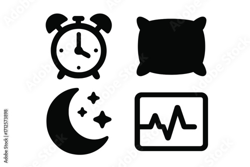 Sleep icons set with alarm clock, soft pillow, crescent moon with stars, and sleep monitoring graph symbols in black silhouette style, vector cartoon illustration for restful night concept