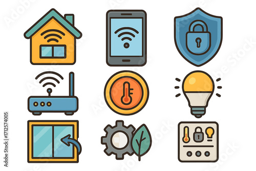 Smart home technology icons for automated living, IoT devices with wireless signals, security lock, thermostat, smart light bulb, energy-saving gear, and control panel vector set