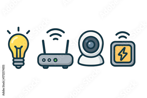 Smart home technology icons set with light bulb, wireless router, security camera, and energy control device, vector cartoon illustration, wireless connectivity and automation concept