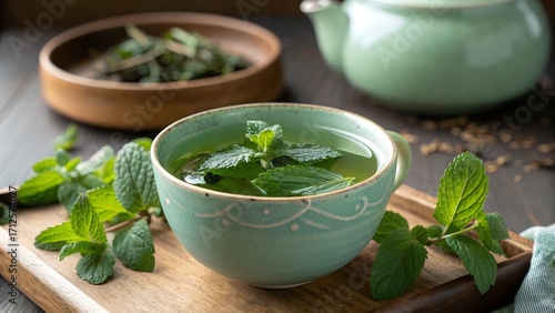 tea pot with herbal tea and fresh mint leaves