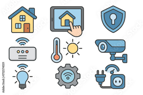 Smart home technology icons set for efficient automated living, including security, energy saving, remote control, temperature monitoring, and IoT devices in vector cartoon style