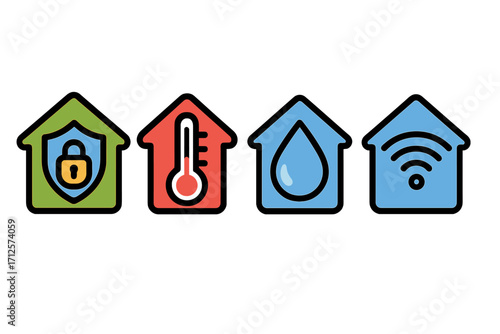 Smart home technology icons set with security lock, temperature control, water drop, and wireless connectivity symbols, vector cartoon illustration, home automation concept, transparent background