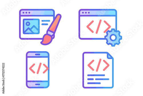 Modern gradient vector icons for web design and development concepts, including web page design, coding, mobile app development, and programming file illustration, vector set