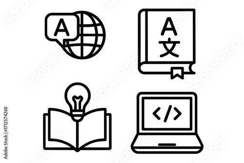 Minimalist language learning and technology icons set, vector cartoon illustration with translation, education, coding, global communication, online study, ideas, creativity, digital tools