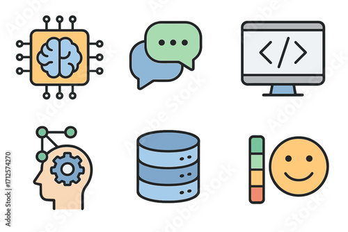 Modern flat vector icons set with AI technology, chat bubbles, coding screen, natural language processing, database storage, sentiment analysis, and smiling emoji illustration