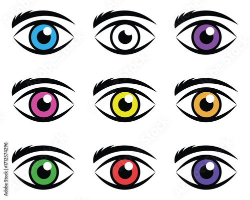 Various colorful eyes showcasing different iris shades with bold black outlining against a white background