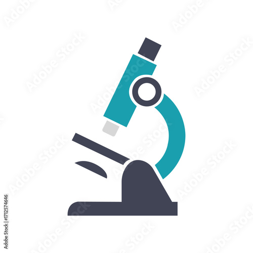A simple stylized microscope features teal and dark gray against a white background