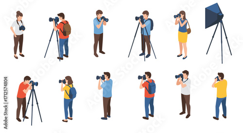 Diverse photographers capturing moments in isometric style