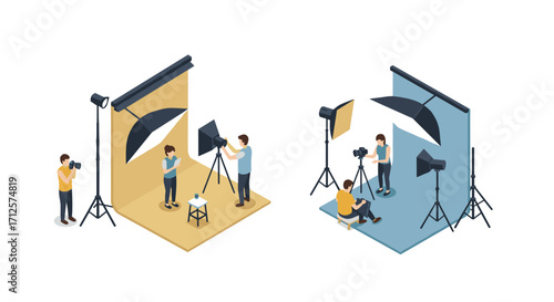Isometric photography studio setup with photographers and lighting equipment