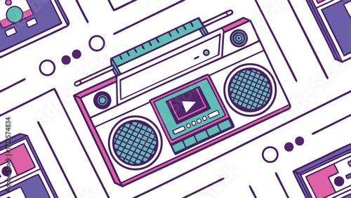 Retro boombox blasting cool tunes, vintage audio vibes, music nostalgia and vibrant 80s style
