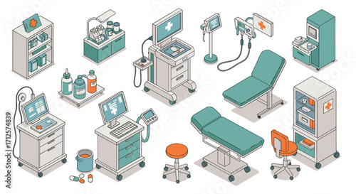 Isometric medical equipment set with hospital furniture and devices for healthcare design