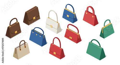 Collection of isometric handbags in various colors on white background