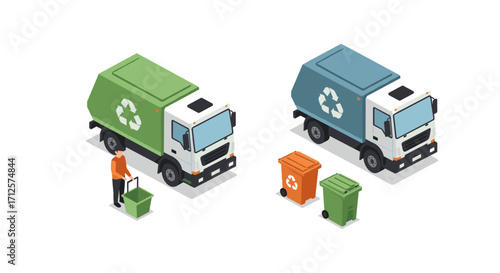 Isometric recycling trucks with waste bins and worker in action