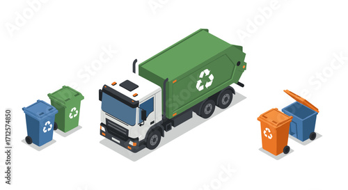 Isometric garbage truck with recycling bins on white background
