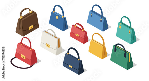 Colorful isometric handbags collection on white background
