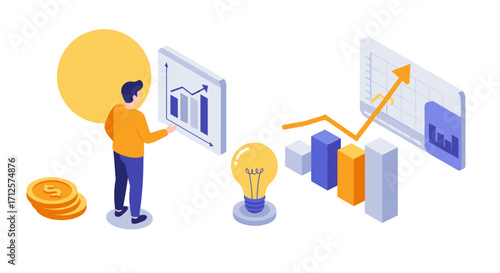 Isometric business growth concept with charts and light bulb for financial analysis