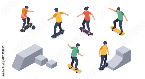 Isometric skateboarding action set with tricks and ramps