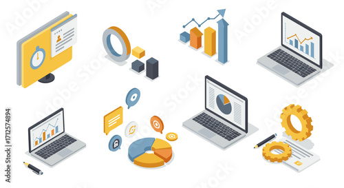 Isometric business and data analysis elements with laptops and charts